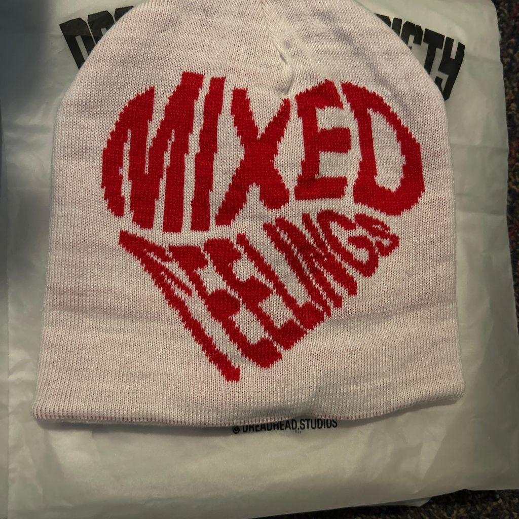 Mixed Feelings Beanie in white with red text