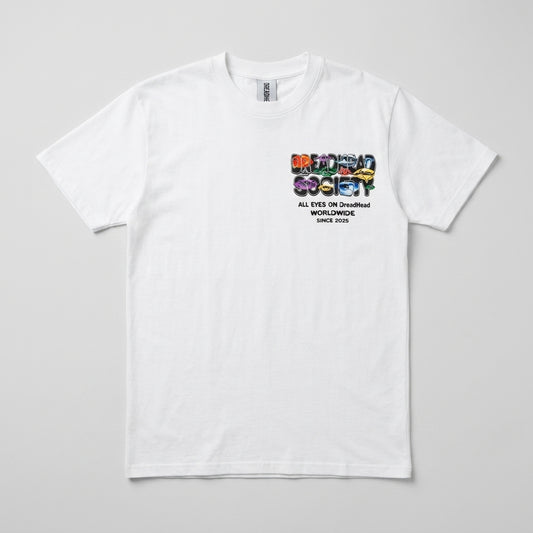 Dreadhead Society Eyes On Us White Graphic Tee Front Studio Flat Lay