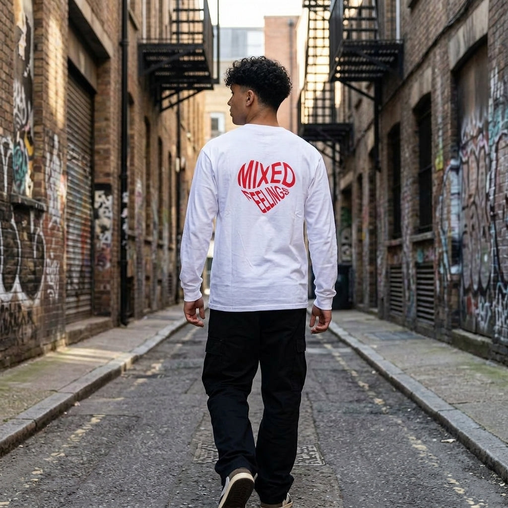 Model wearing white Mixed Feelings long sleeve streetwear shirt back view