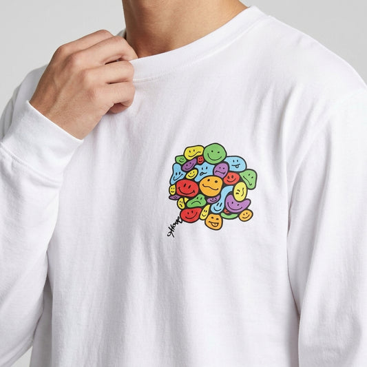 Close-up of front graphic on white Mixed Feelings long sleeve shirt