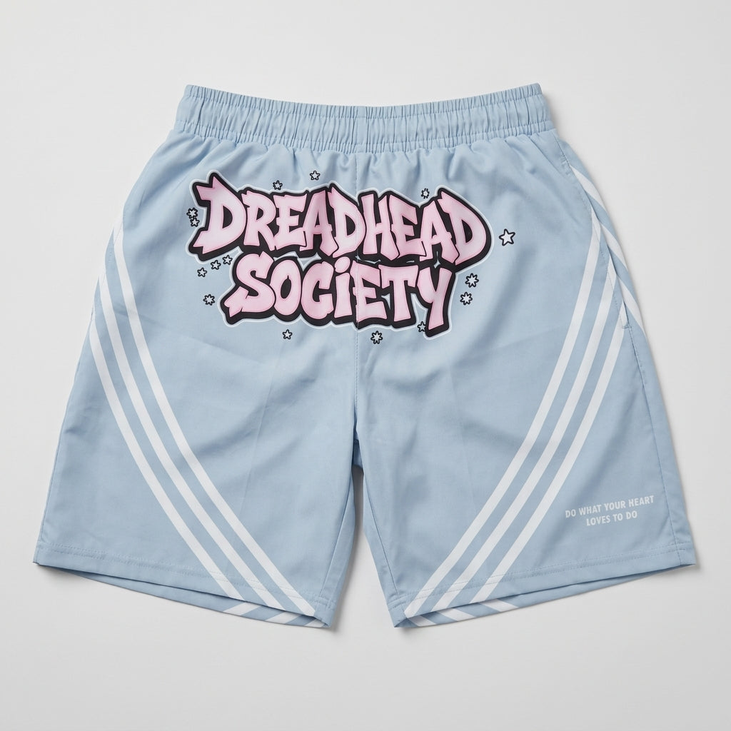 Dreadhead Society Light Blue Windbreaker Shorts studio product shot